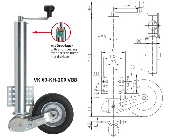 WINTERHOFF VK60-KH-200VBB автоматичне опорне колесо з ручкою 250 кг 60 мм 560-1030 мм