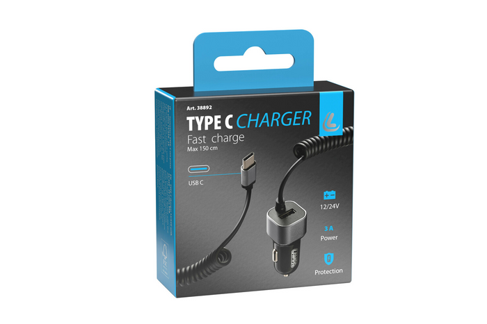 Автомобільний зарядний пристрій LAMP USB Type-C, гніздо прикурювача 12/24V